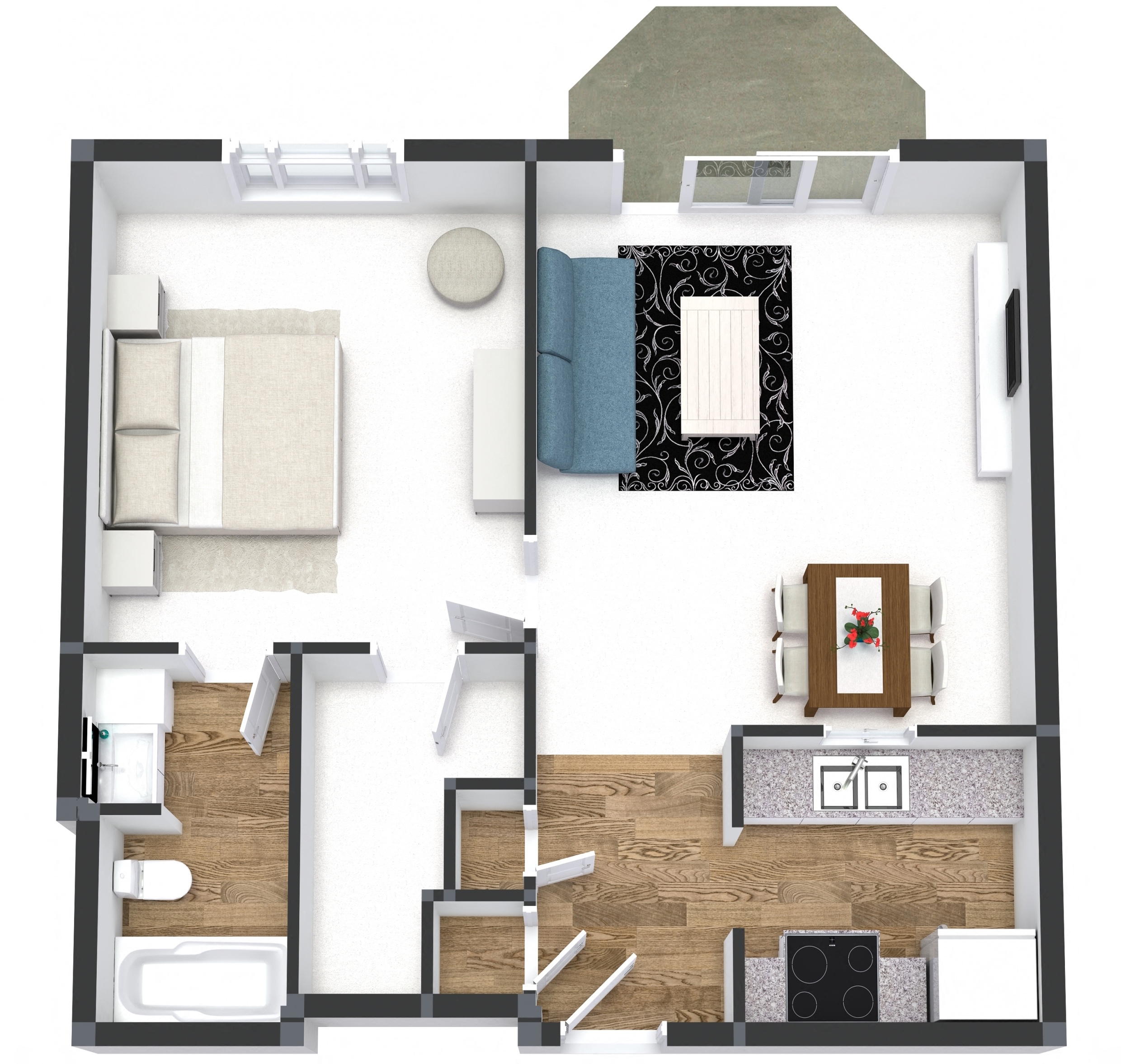 Floor plan for 1 bed, 1 bath, 748 sqft